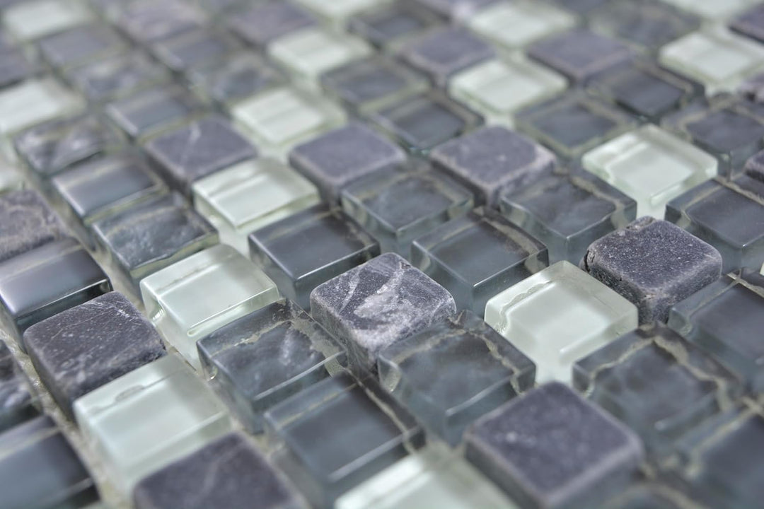 Mosaik Quadrat Crystal/Stein mix grau Glas Naturstein Fliesenspiegel, Mosaikstein Format: 15x15x8 mm