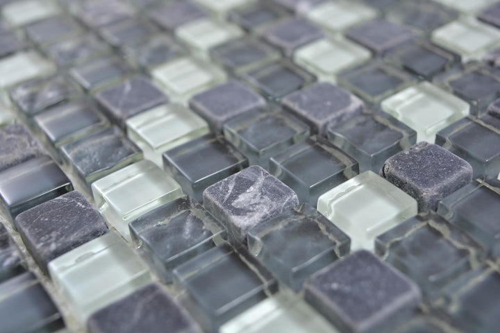 Mosaik Quadrat Crystal/Stein mix grau Glas Naturstein Fliesenspiegel, Mosaikstein Format: 15x15x8 mm
