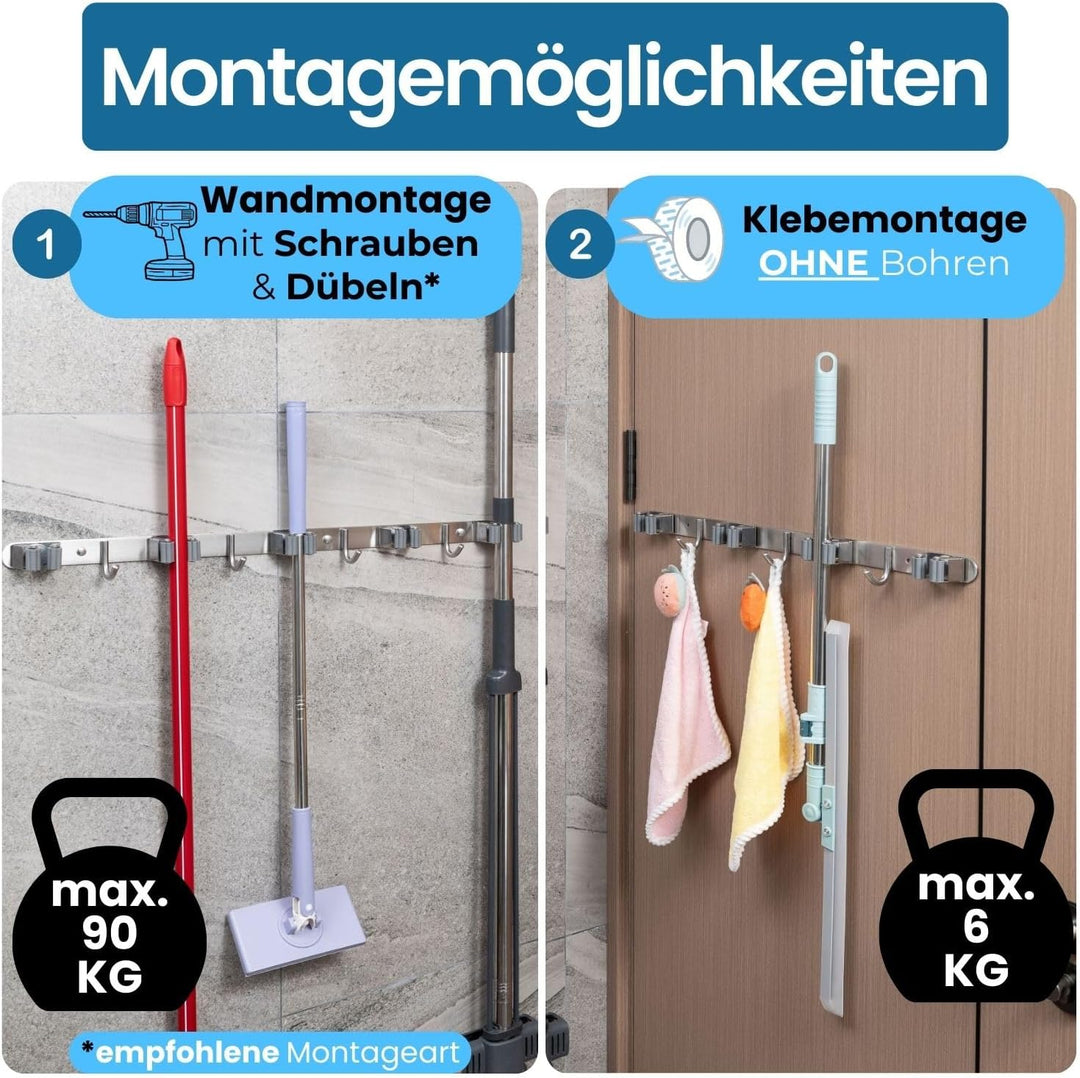 Stahlia Besenhalterung Wand Edelstahl Gerätehalter 3 Haken + 4 Halter gebürstet schraubbar & selbstk