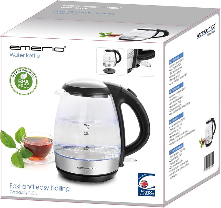 Emerio Glas Wasserkocher, 1.2 Liter, 2200 Watt, LED Innenbeleuchtung, 360° Basis, Borosilikatglas, B