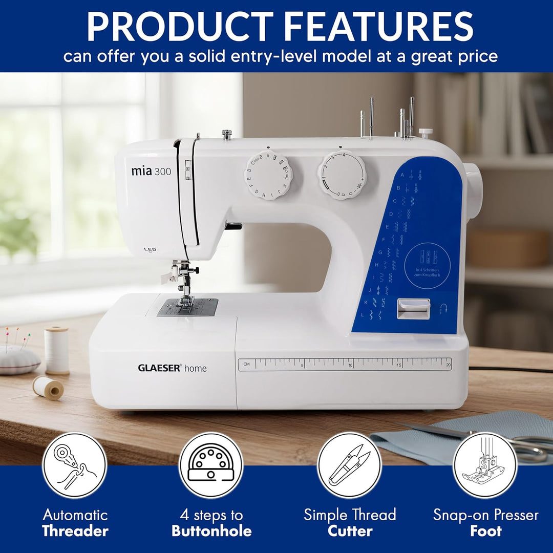 Nähmaschine easy GLAESER® home mia 300 | Anfänger Nähmaschine | Automatischer Einfädler | 24 Stich -