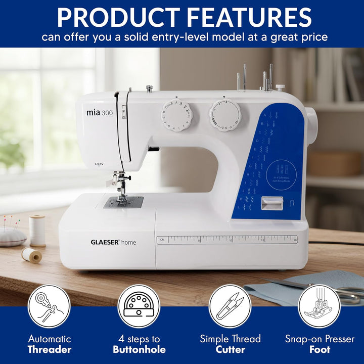 Nähmaschine easy GLAESER® home mia 300 | Anfänger Nähmaschine | Automatischer Einfädler | 24 Stich -