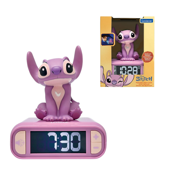 Lexibook, Disney Stitch, Angel Nachtlicht-Wecker, Töne und Melodien, hintergrundbeleuchteter LCD-Bil