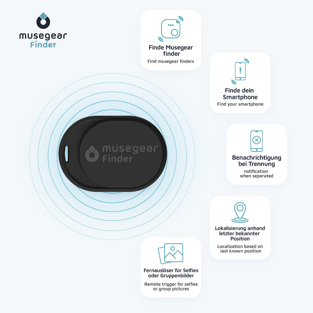musegear Schlüsselfinder Mini mit Bluetooth App I Keyfinder laut für Handy in schwarz 2er Pack I Für