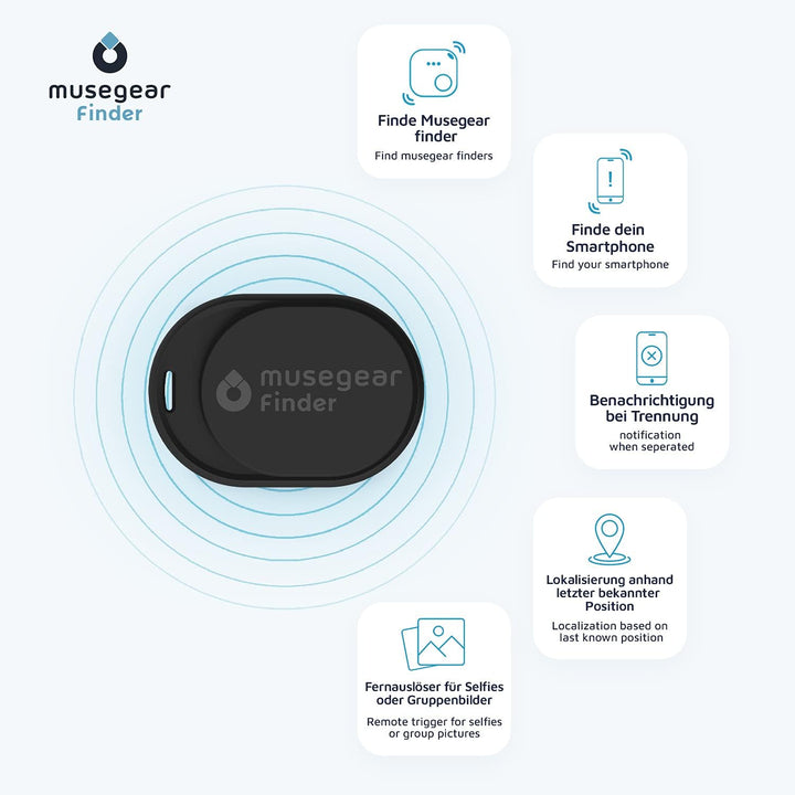 musegear Schlüsselfinder Mini mit Bluetooth App I Keyfinder laut für Handy in schwarz 2er Pack I Für