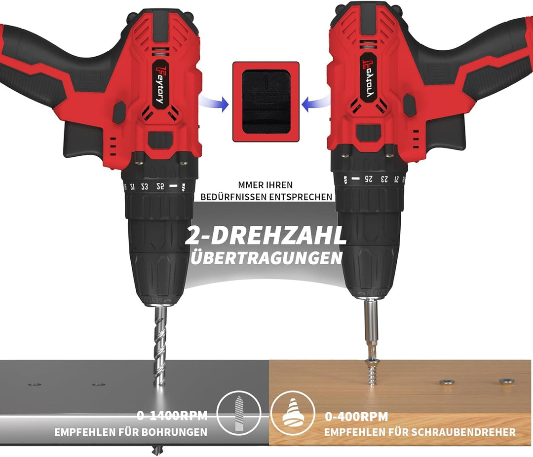 21V Akku-Bohrmaschine Akkuschrauber Set mit 1.5 Ah Akku, Akku Bohrschrauber Set 25+1 Drehmomentstufe