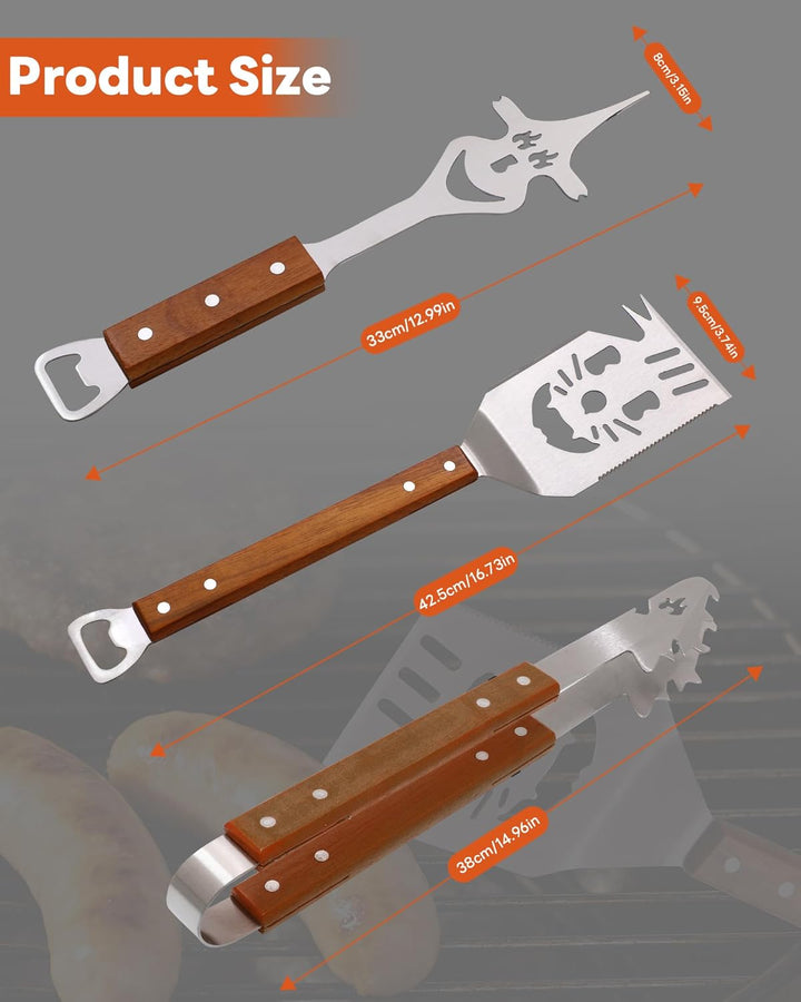 Grillbesteck Set 3-TLG Grillzubehör mit Grillzange, Grillwender, Fleischgabel Grill Zubehör Geschenk