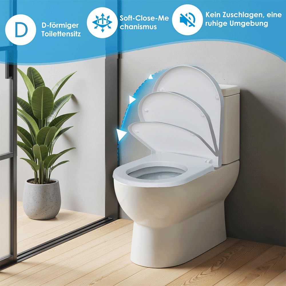 Duroplast WC-Sitz D-Form mit Absenkautomatik, Edelstahlscharnier, One-Touch-Schnellverschluss und ei