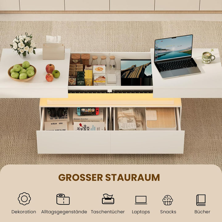 YOUDENOVA Couchtisch Weiss mit Stauraum, Wohnzimmertisch Hochglanz mit 7 Farbiger LED Beleuchtung, A