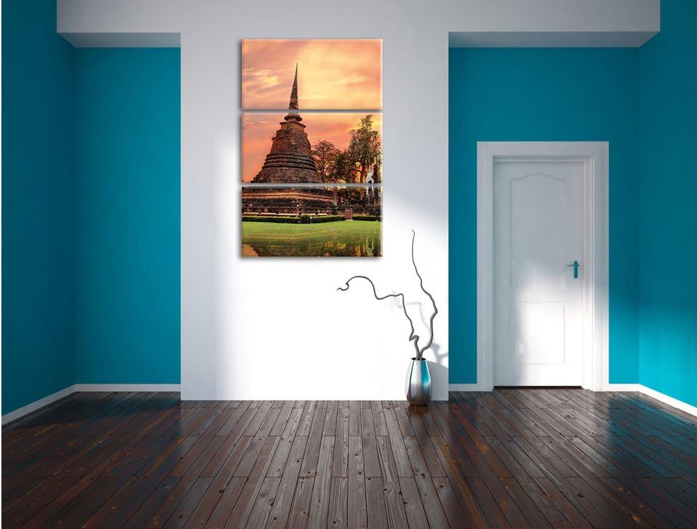 Pixxprint Buddha Tempel im Sonnenuntergang 3-Teiler Leinwandbild 120x80 Bild auf Leinwand