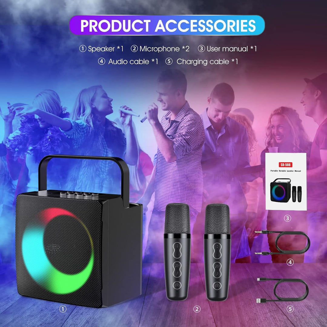 GJCrafts Karaoke Machine mit LED-Licht, Bluetooth Karaoke Lautsprecher mit 2 Drahtlosen Mikrofonen,
