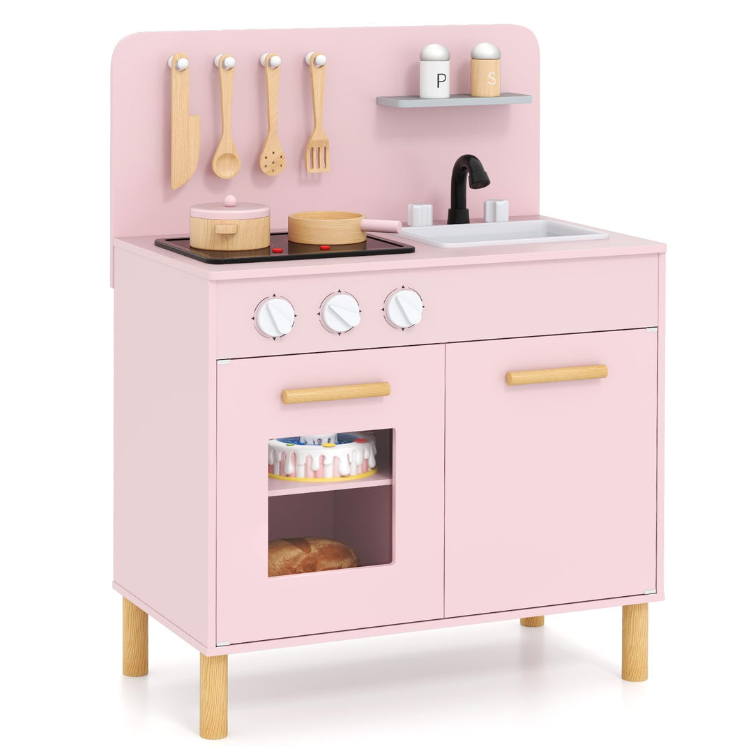 COSTWAY Kinderküche mit 10 Zubehör, Spielküche Holz mit Licht und Sound, Spielzeugküche mit Herd & S