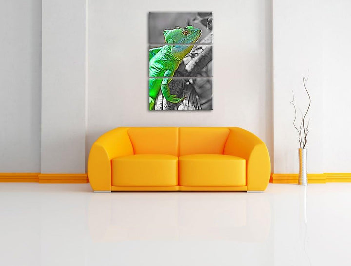 schönes kleines Chamäleon schwarz/weiss Deluxe 3-Teiler Leinwandbild 120x80 Bild auf Leinwand, XXL r