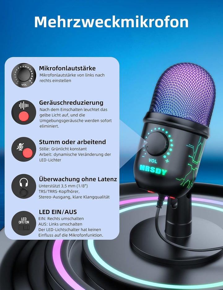 MRSDY USB-Gaming-Mikrofon für PC mit Rauschunterdrückung | Stummschalten, Verstärkung, RGB, Kondensa
