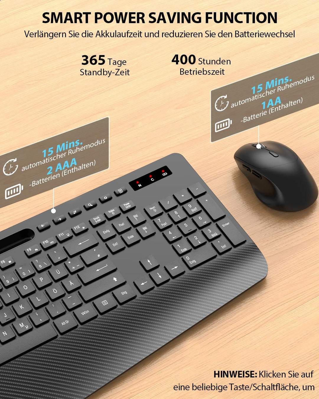 Tastatur Maus Set kabellos, Handballenauflage, Telefonhalter, Akku im Lieferumfang enthalten, 2.4G k