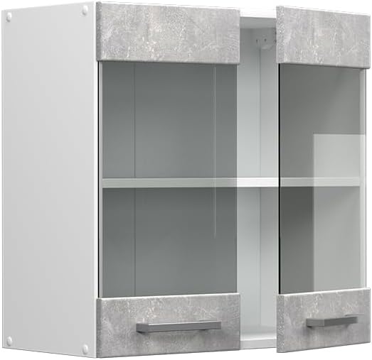Vicco Küchenschrank Glas R-Line, Beton/Weiss, 60 cm Beton Hängeglasschrank 60cm, Beton Hängeglasschr