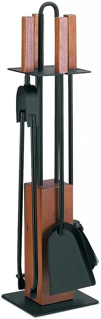 MS Beschläge Kaminbesteck schwarz Stahl mit Holzgriff Eiche – Kamingarnitur 5-teilig mit Ständer, Be