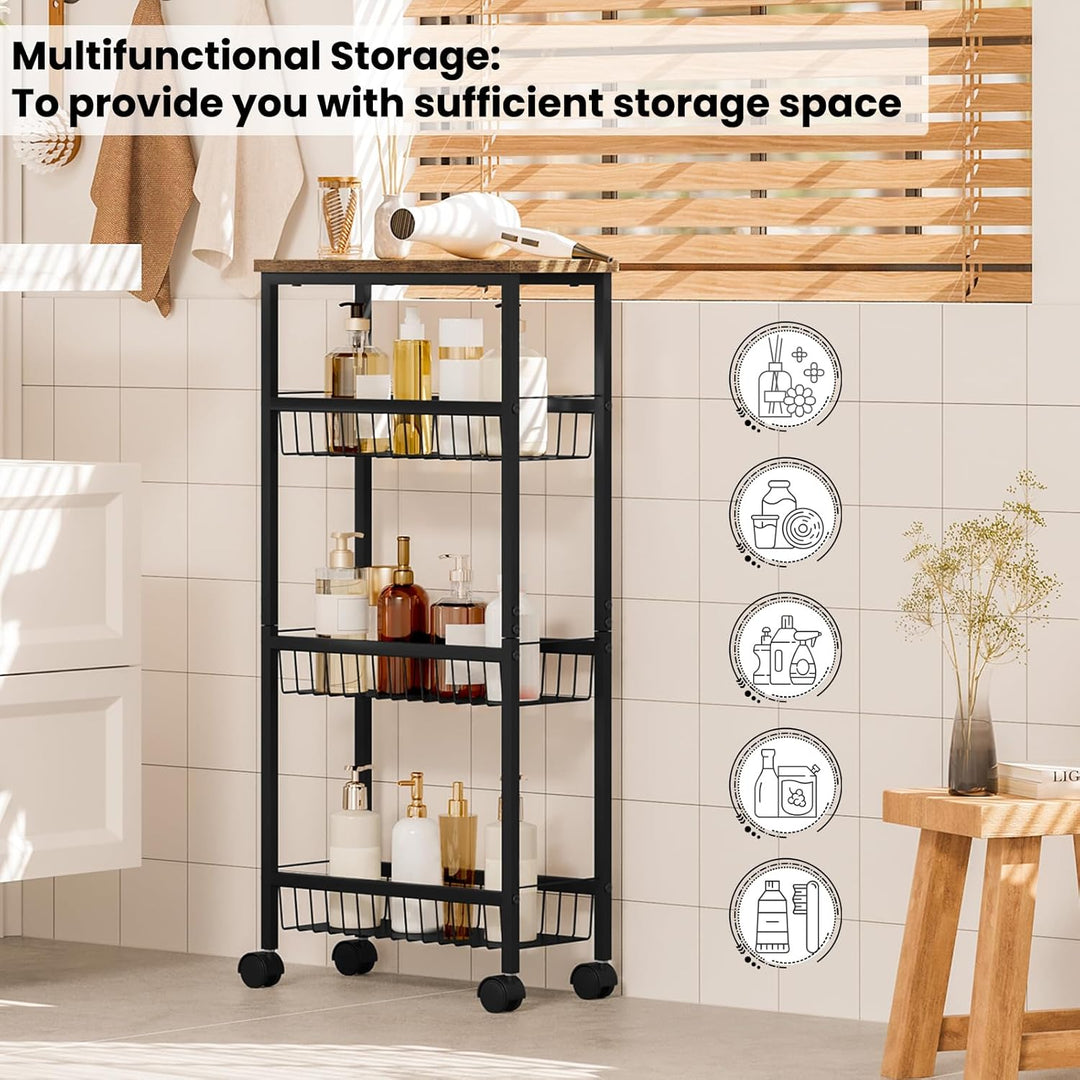 WOLTU Servierwagen, Küchenwagen mit Arbeitsplatte, 3 Metallkörben, Rollwagen mit Bremsen, Nischenreg
