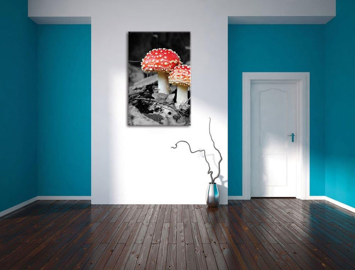 Pixxprint Zwei Kleine Fliegenpilze im Wald, Format: 70x100 auf hochkantiges Leinwand, XXL riesige Bi
