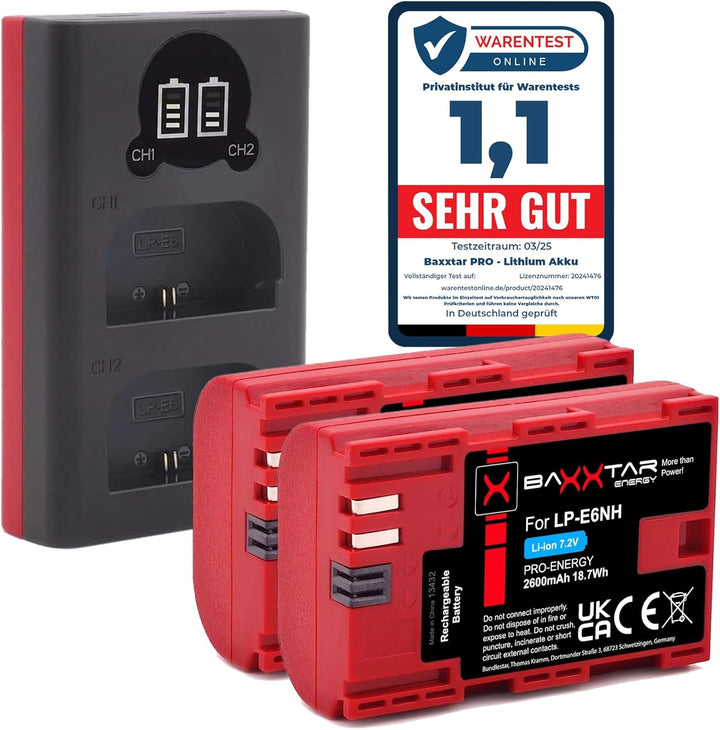 Baxxtar (2X) Pro LP-E6NH (2250mAh) kompatibel mit Canon R5 R6 R7 (Nicht mit R5c) usw. - Mini 18602 L