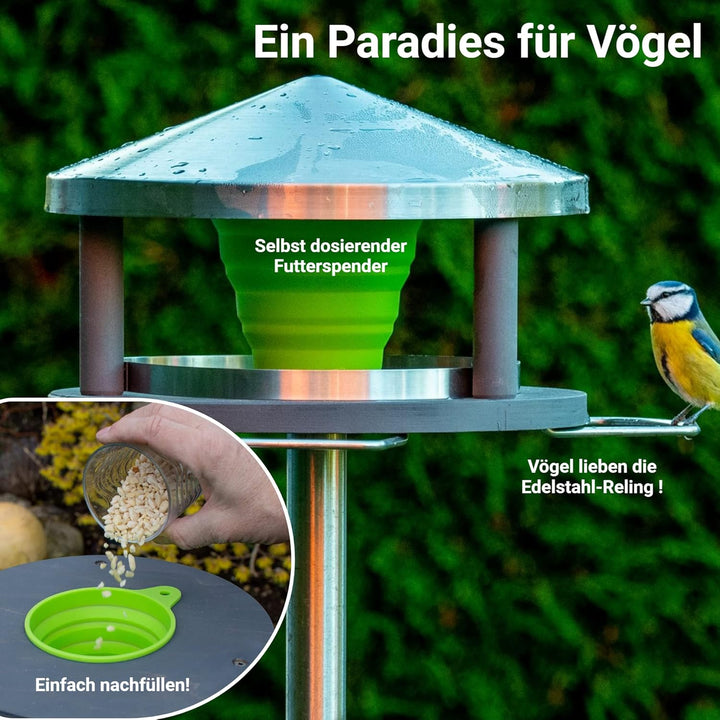 Vogelhaus mit Ständer wetterfest aus Edelstahl - Stabiles Vogelfutterhaus für draussen, modern aus M