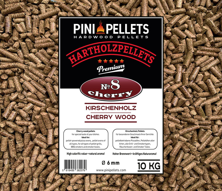 PINI Grillpellets № 8 Kirsche 10 kg BBQ Hartholzpellets zum Grillen Räuchern Smoken