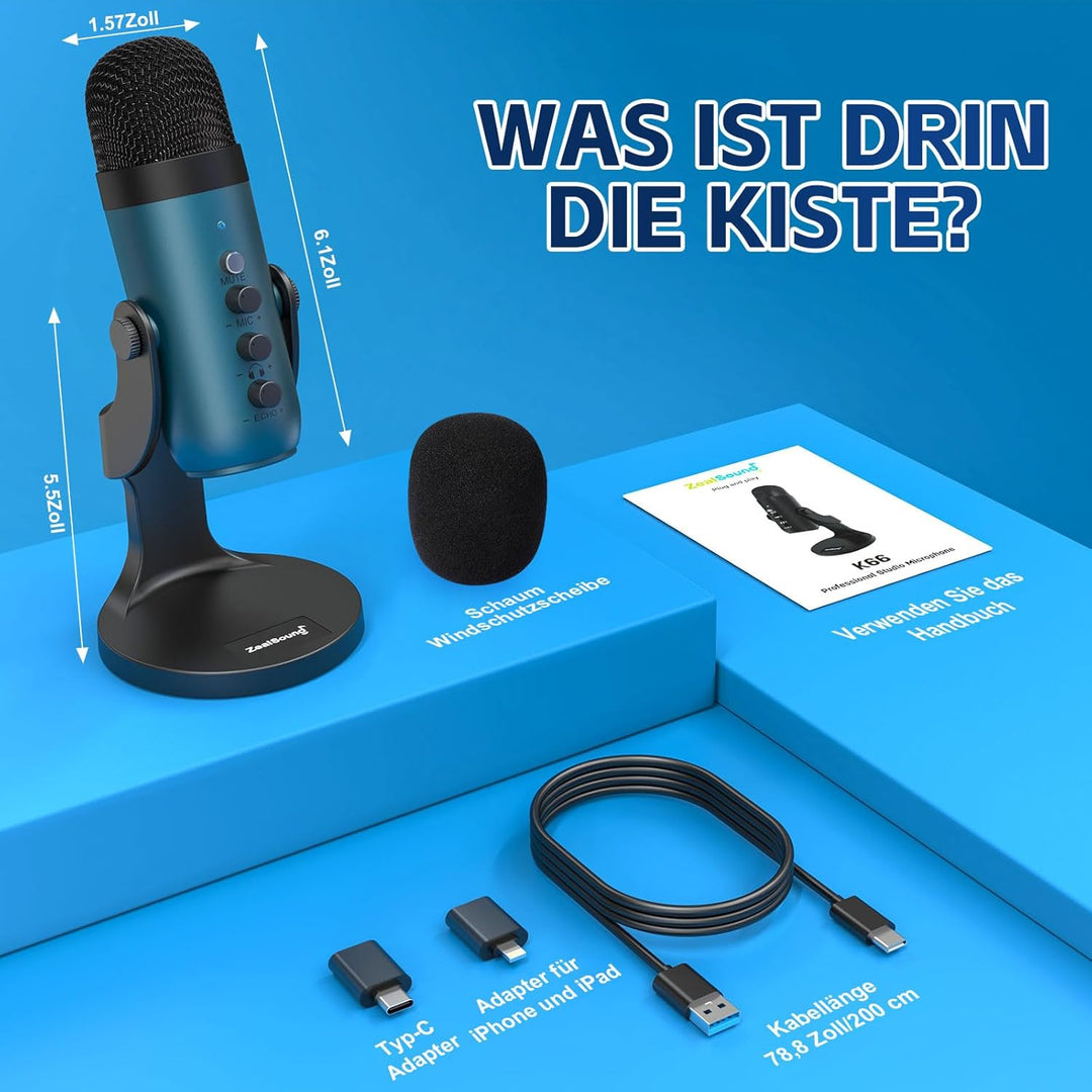 zealsound Mikrofon PC, USB Kondensatormikrofon Gaming für Mac Handy, PS4/5, Studio Mikrofone mit Stu