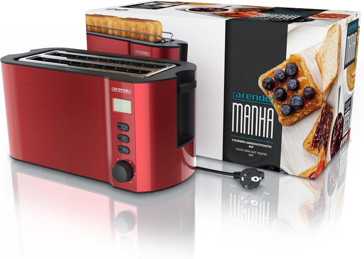 Arendo - Toaster Edelstahl Langschlitz 4 Scheiben - Doppelwandgehäuse - Integrierter Brötchenhalter