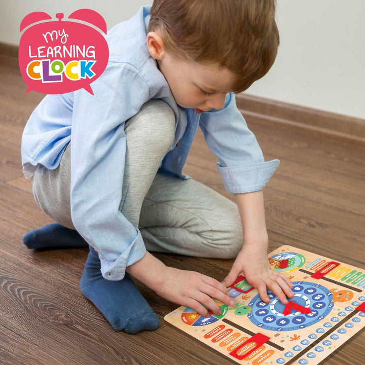 CRAZE My Learning Clock Dino ENGLISCHE SPRACHE - Lernuhr Kinder Holz, Kalenderuhr zum Lernen für Kin