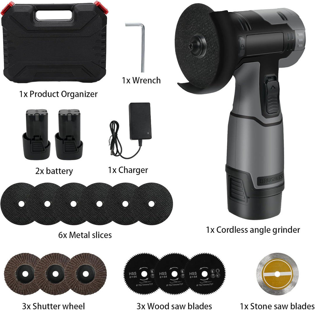 Akku Winkelschleifer, 16.8V Mini Winkelschleifer mit 2 x Batterien 3000mah, 76MM, 32000rpm, Mini Akk