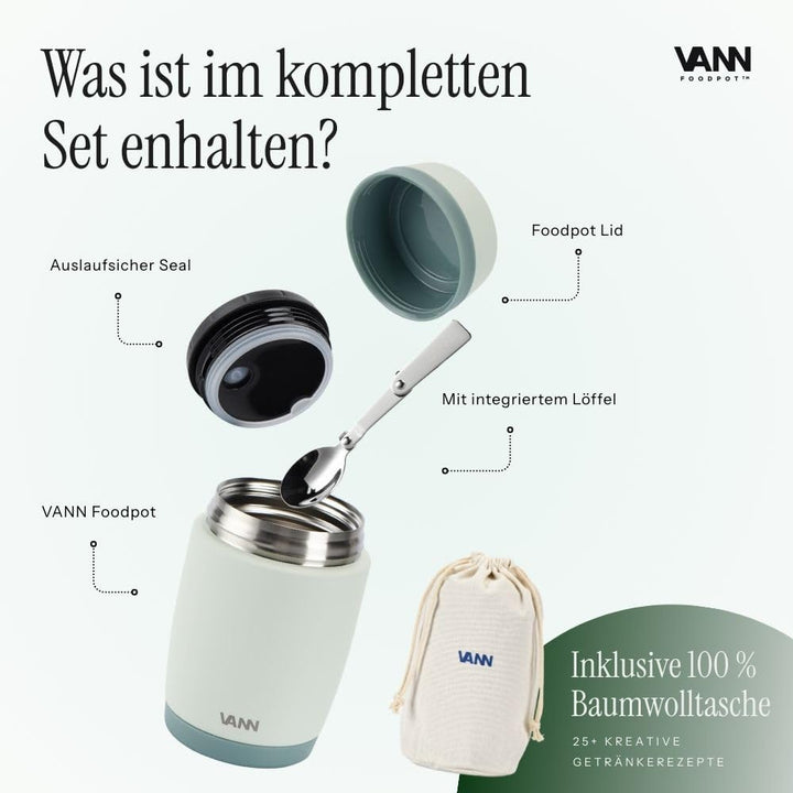 VANN Thermobecher für Essen 450 ml – Thermobehälter [16h kalt, 9h warm] – Recycelte Edelstahl Thermo