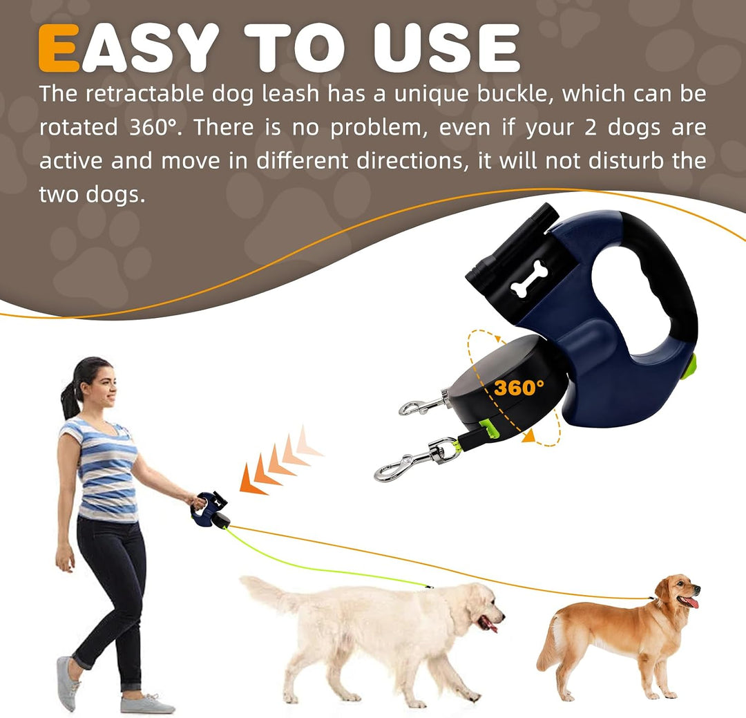 Hundeleine für 2 Hunde, Automatisch Einziehbare Hunde Leine mit Taschenlampe und Taschenspender, Dop