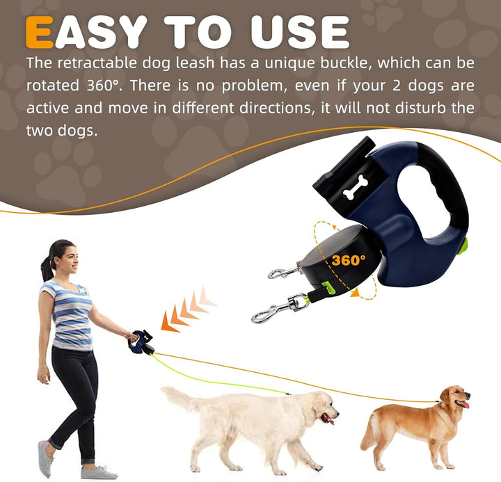Hundeleine für 2 Hunde, Automatisch Einziehbare Hunde Leine mit Taschenlampe und Taschenspender, Dop