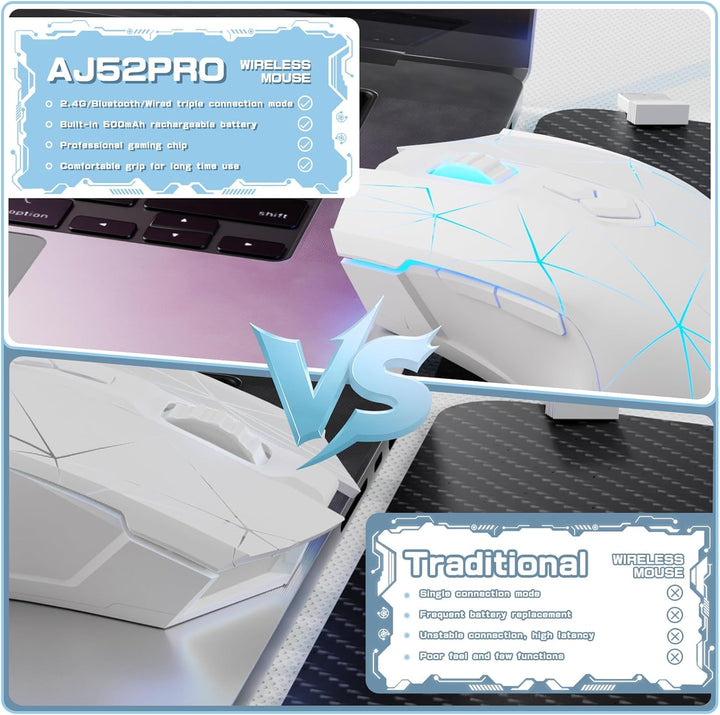 AJ52PRO Wireless Gaming Maus, 10K DPI Sensor, Tri Mode, kabellos - RF2.4G/BT5.0/USB Wired, Rainbow B