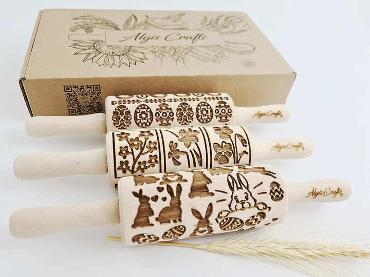OSTERN 3-er SET Kinder Nudelhölzer Teigrolle für hausgemachtes Gebäck. Nudelholz mit muster. Gravier