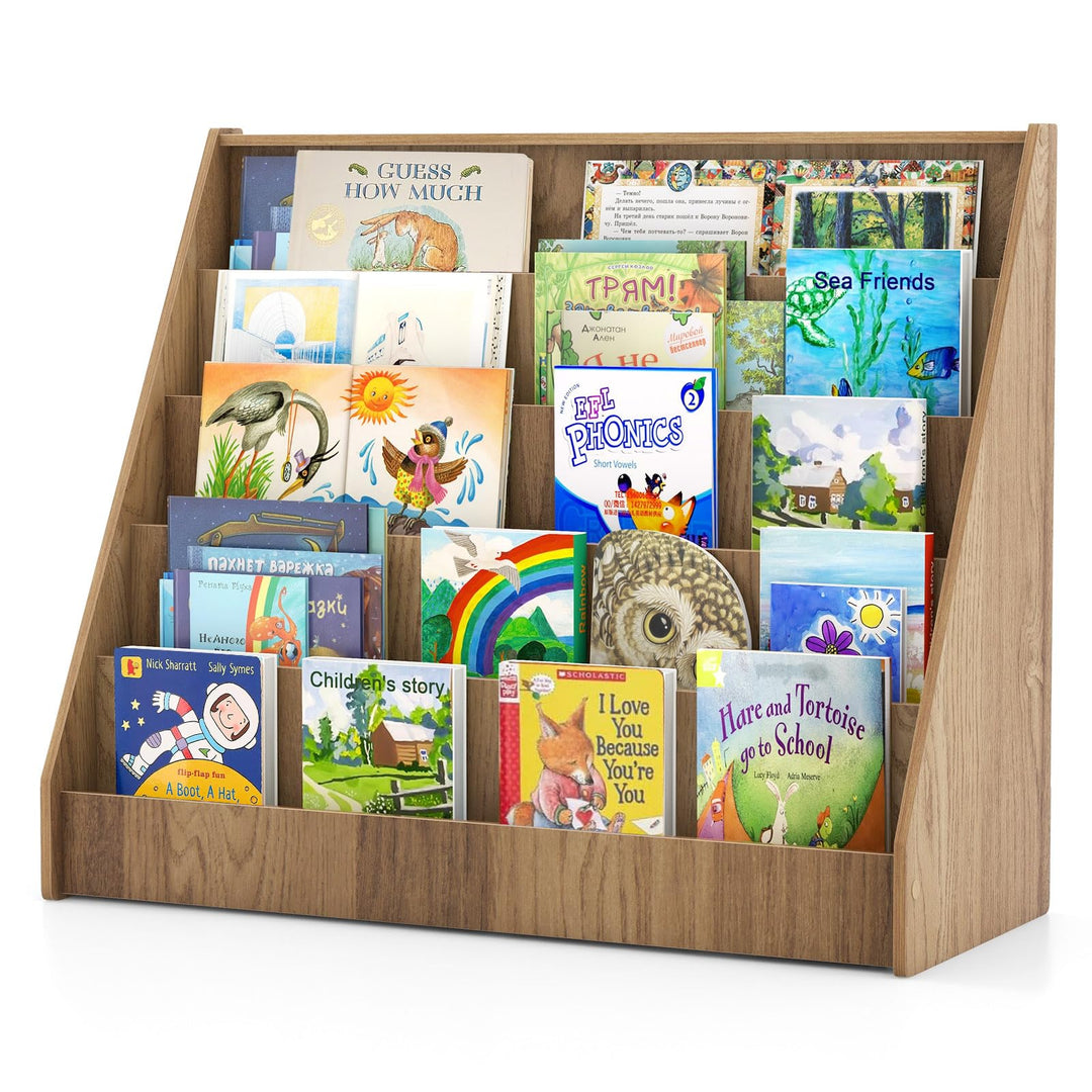 COSTWAY Kinderregal mit 5 Fächern, Bücherregal für Kinder, Zeitungsständer aus Holz, Aufbewahrungsre