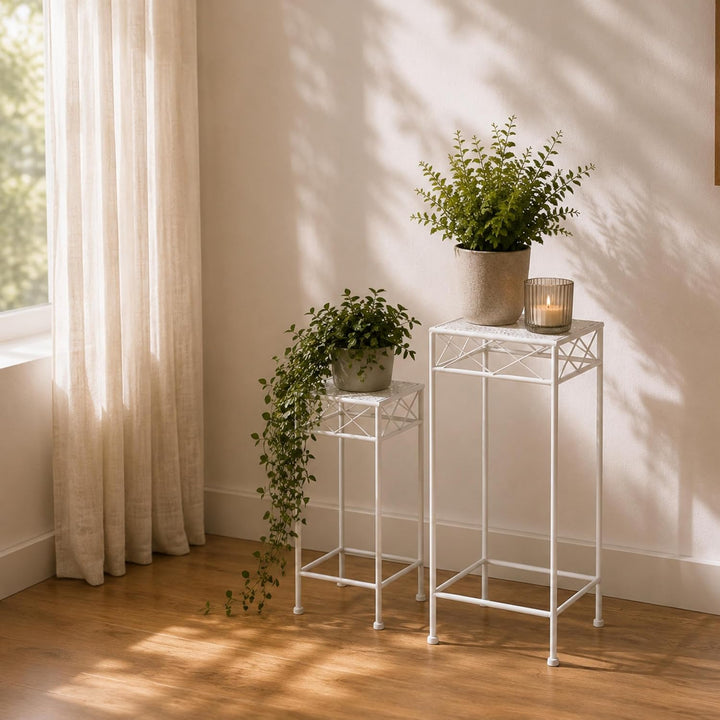 DanDiBo Blumenhocker Weiss Metall Eckig Blumenständer 96314 2er Set Beistelltisch Blumensäule Modern