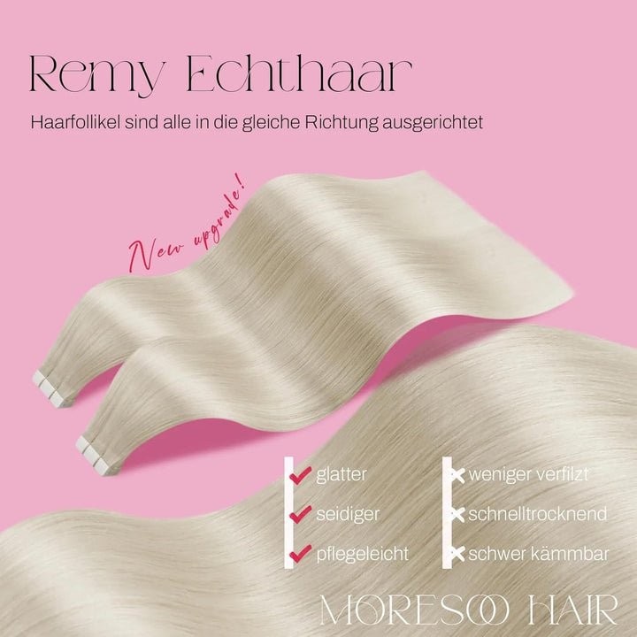 Moresoo Tape in Extensions Echthaar 60 cm Blonde Haarverlängerung Echthaar Tapes Platinblond Invisib