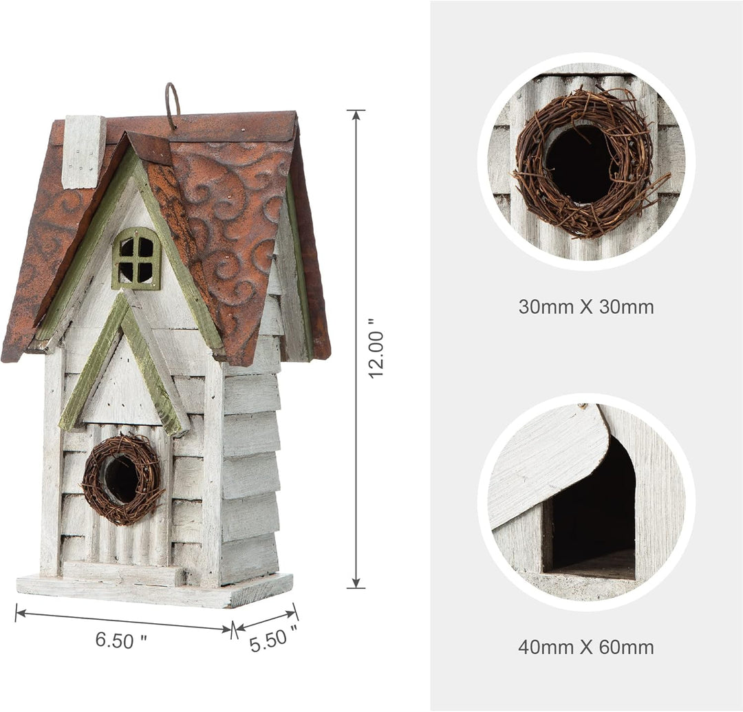 Glitzhome GH90086 Hängendes Vogelhaus aus Holz, abgenutzt, Weiss Weiss/opulenter Garten, Weiss/opule