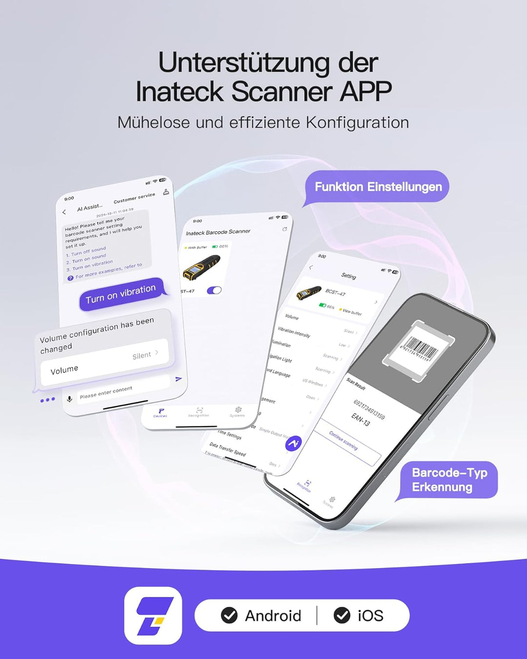 Inateck Barcode Scanner Bluetooth Kleine, 1D 2D QR Code Scanner Kabellos mit Bildschirm für Inventar