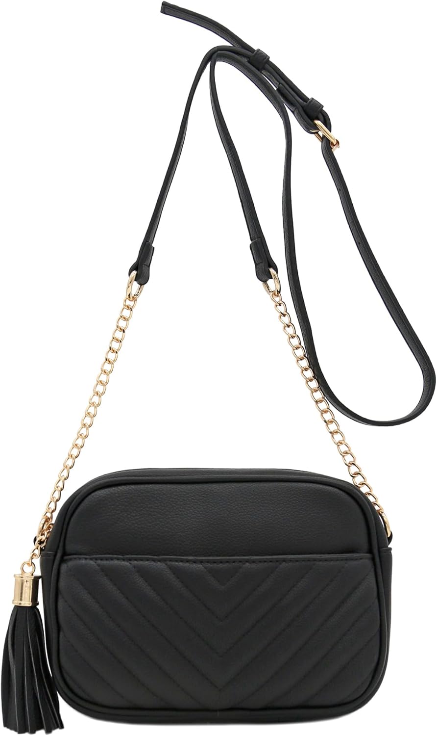 FashionPuzzle Chevron gesteppte Crossbody-Kameratasche mit Kettenriemen und Quaste Schwarz, Schwarz