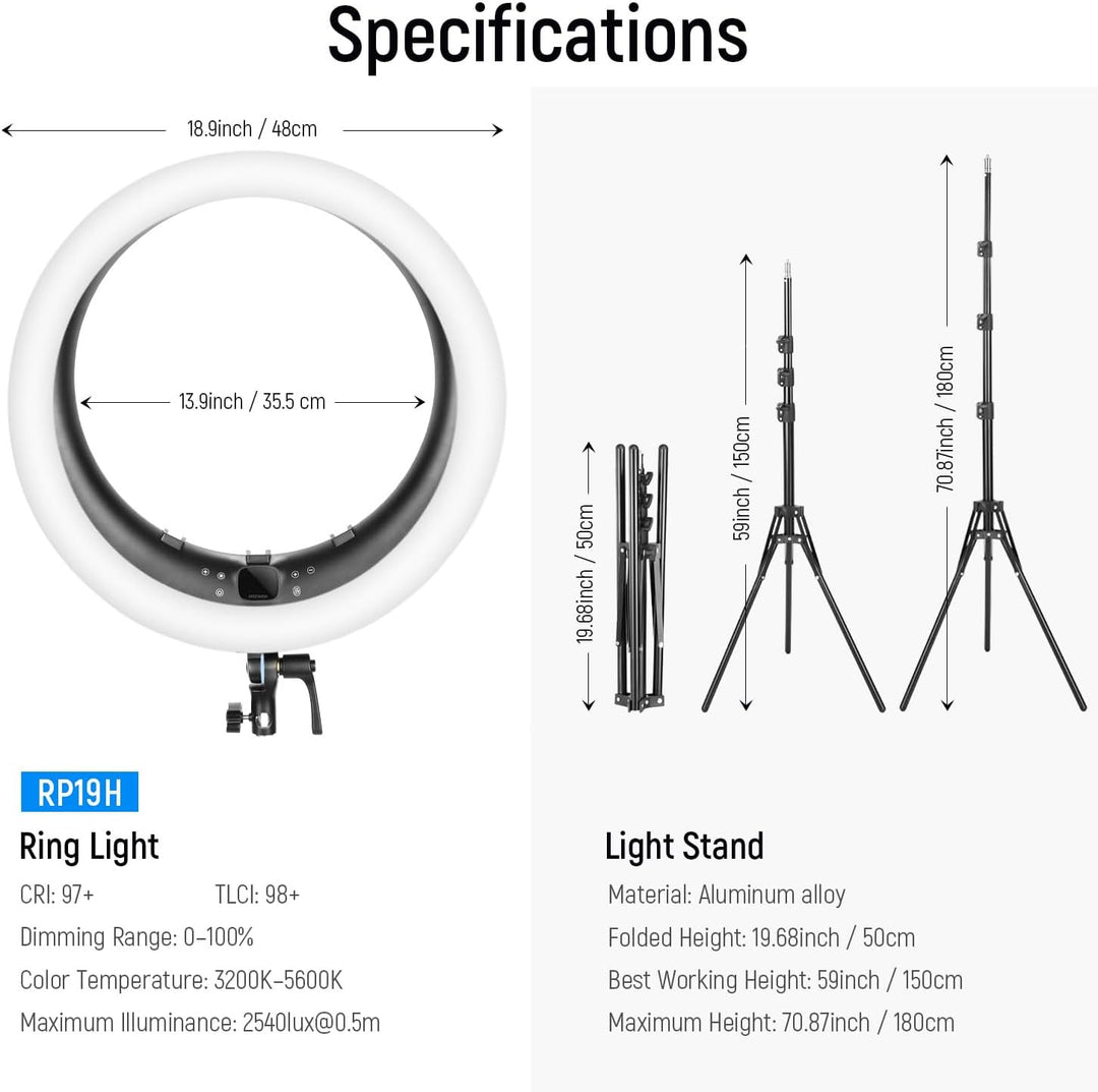 NEEWER 19Zoll Ringlicht mit Ständer,3 Telefonhalterungen & Mini Kugelkopf,verbesserte 2,4G&Touch Ste