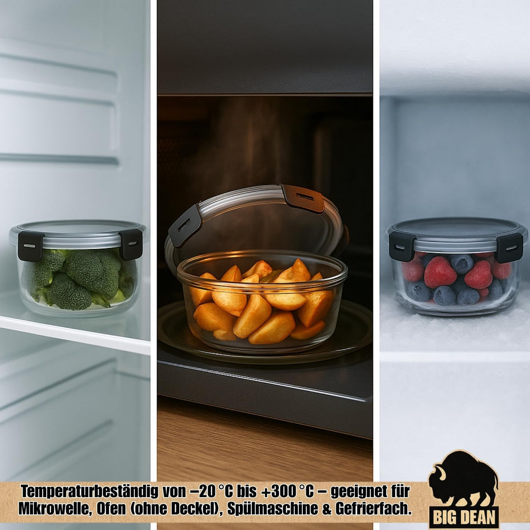 BigDean Glasbehälter mit Deckel in 3 Grössen - Mikrowellengeschirr Glas - Meal Prep Container - Rund