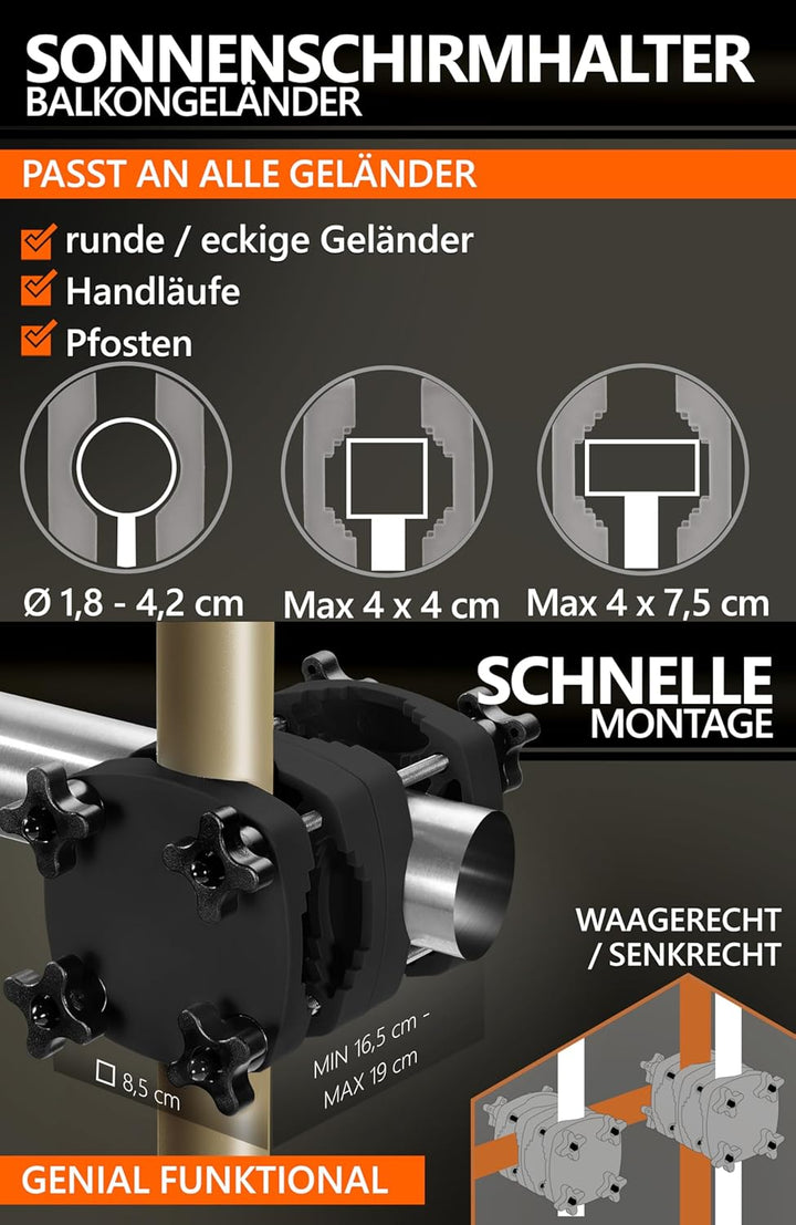 4smile Sonnenschirm Balkon SunnyShade 3-in-1 SET in Taupe - UPF 50+ Sonnenschirm rechteckig 200 x 12