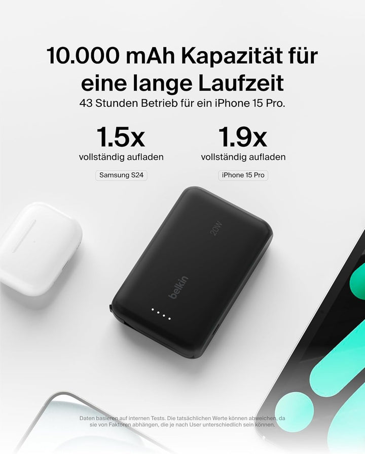 Belkin BoostCharge Power Bank, Portable Powerbank 10000mAh mit integriertem Kabel, PD 20 W – USB-C P