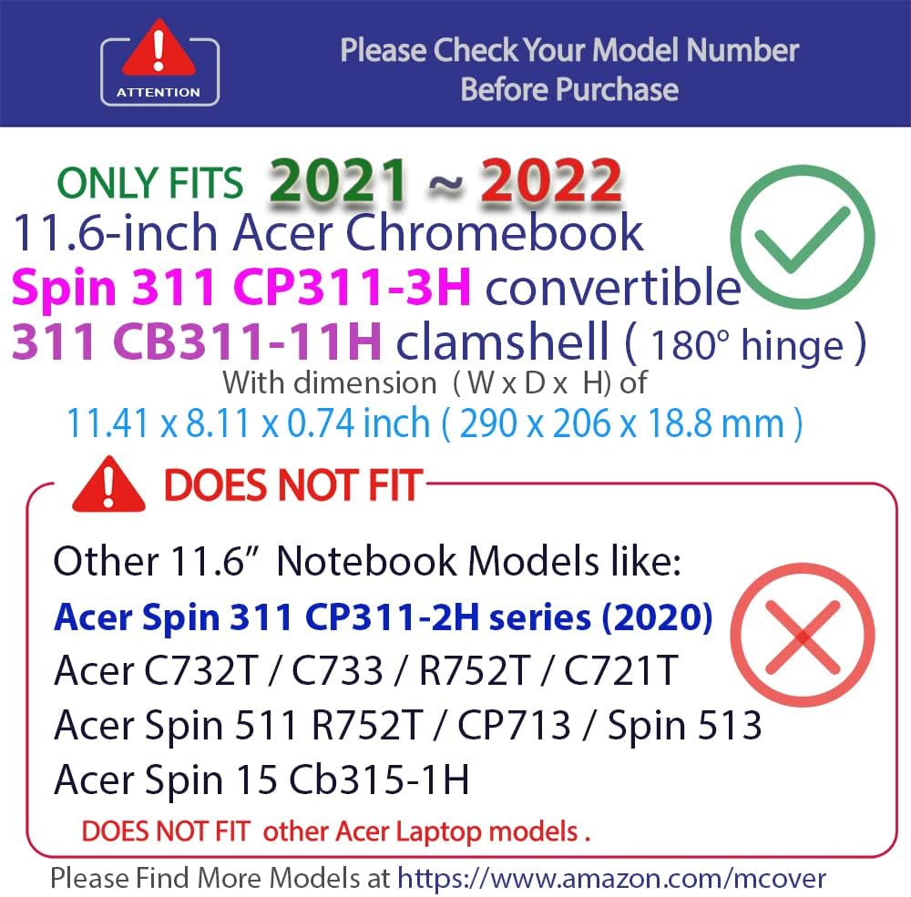 mCover-Hülle, nur kompatibel mit 11,6 Zoll Acer Chromebook 311 CB311-11H (180°-Scharnier) und Spin 3