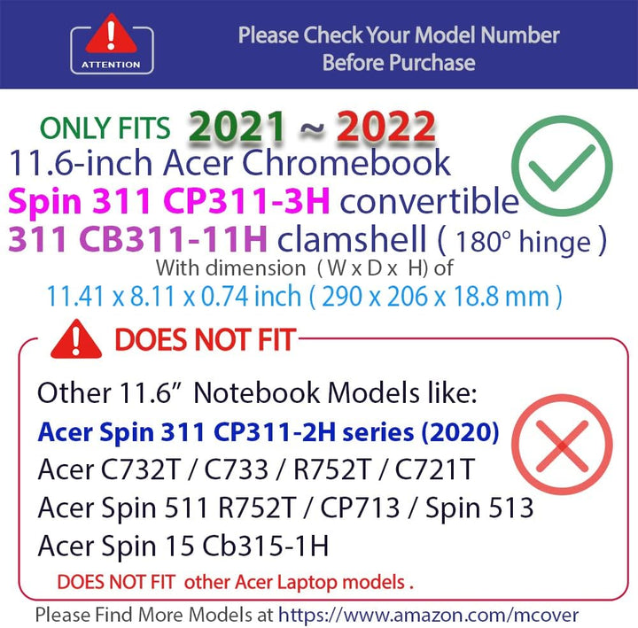 mCover-Hülle, nur kompatibel mit 11,6 Zoll Acer Chromebook 311 CB311-11H (180°-Scharnier) und Spin 3
