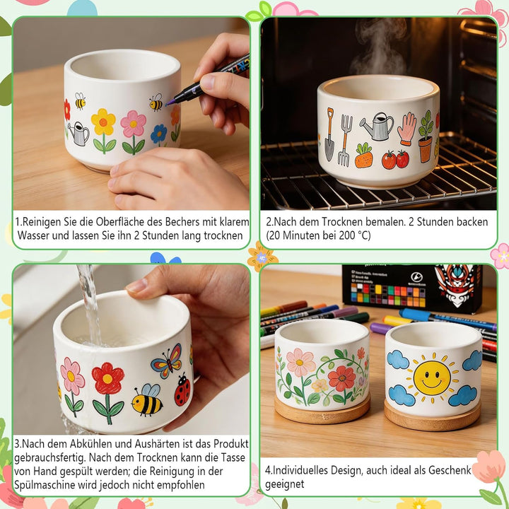 DIY-Keramik Bemalen Set Blumentopf zum Bemalen Kinder Blumentöpfe (Rund) | mit 2 Töpfen Gartenwerkze
