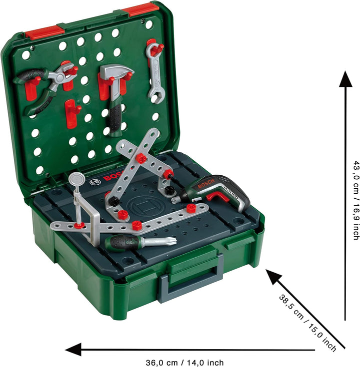 Klein Theo 8396 Bosch Werkbankkoffer + IXOLINO II I Für Konstruktionsspiele I Inkl. Werkzeug und Zub