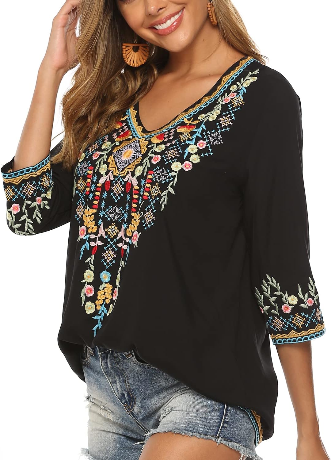 Hippie Kleidung Damen Bohemian Folklore Stickerei Bluse 3/4 äRmel V Ausschnitt Tunika Sommer LäSsige